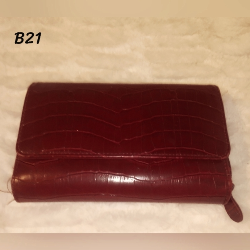 Burgundy Faux leather wallet, with like a croc skin design